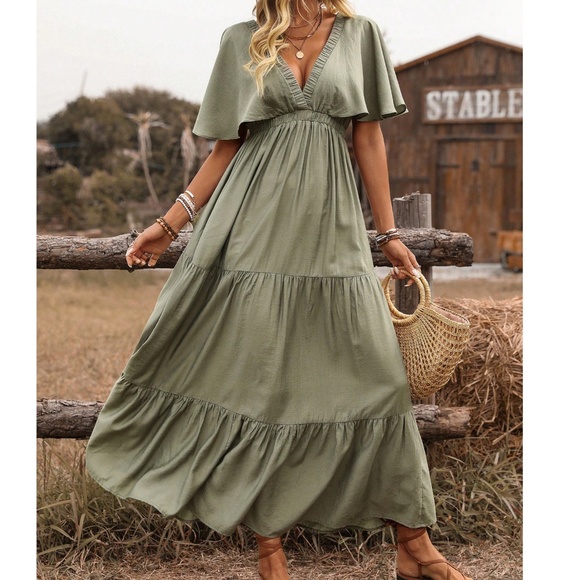Dresses & Skirts - Boho Solid Deep V neck Butterfly Sleeve Ruffle Hem Maxi Dress